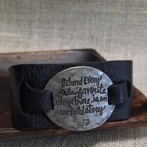 Black Leather Bracelet with Inspirational Quote Antique Silver Oval Plate